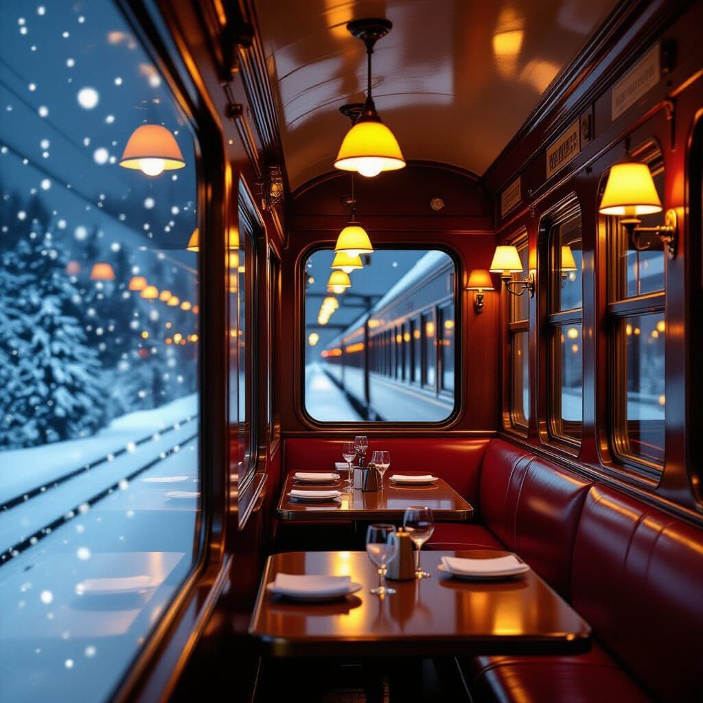 Cozy Train Dining Car on Snowy Night in Rockwell Style