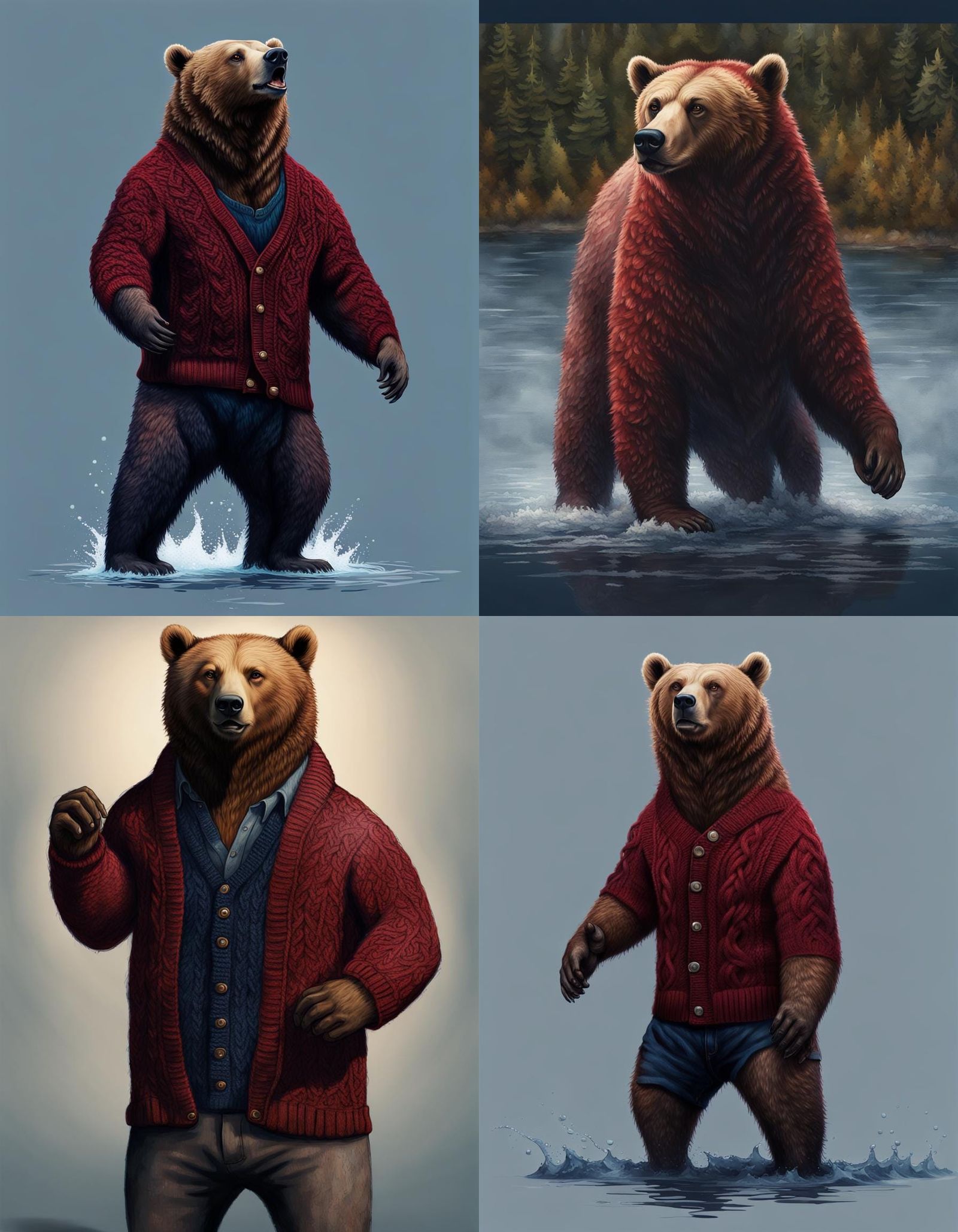Kodiak Bear in Red Cardigan: Hyperrealistic Art