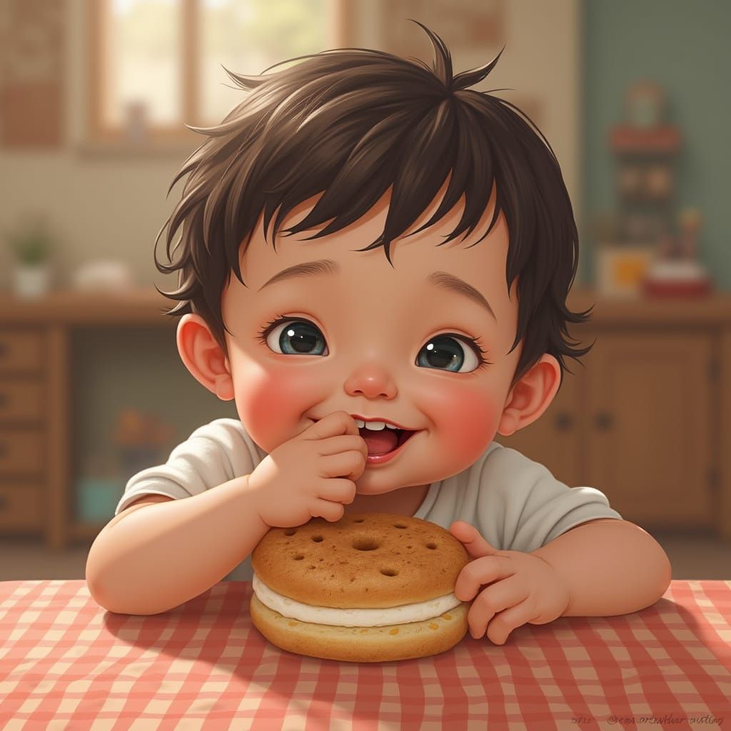 Smiling Child with Ladyfinger Biscuit: Photorealistic Advert...