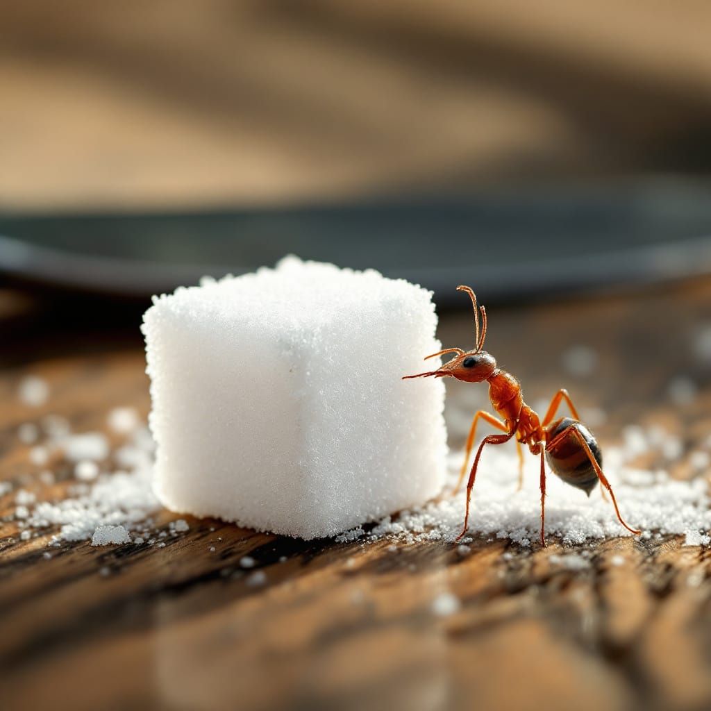 Macro Photo of Ant Carrying Giant Sugar Cube