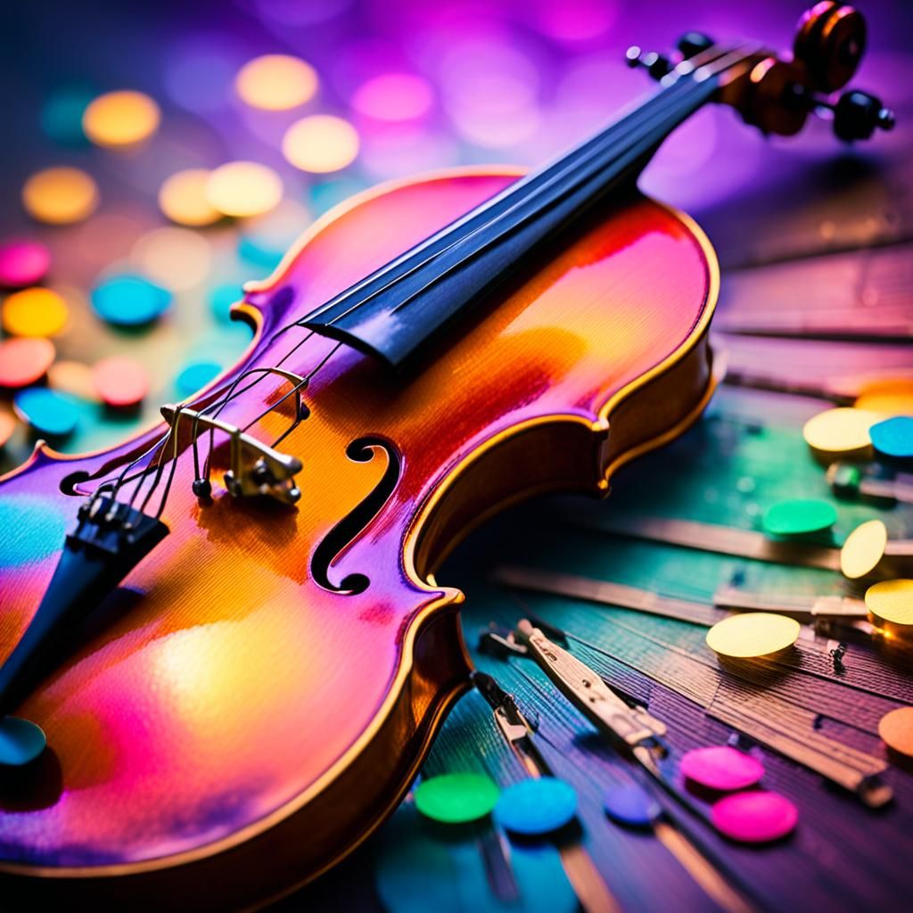 Vibrant Violin Amidst Colorful Musical Notes