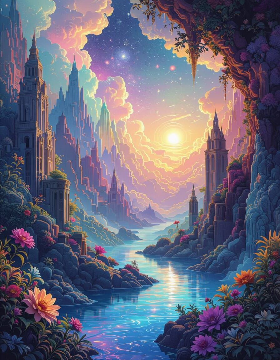 Dreamlike Realm in Holographic Astral Cosmic Illustration