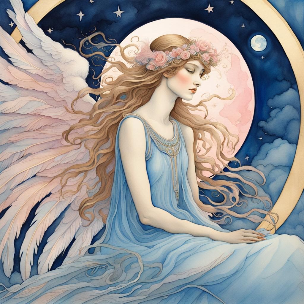 Art Nouveau Angel on Moon Watercolor Painting