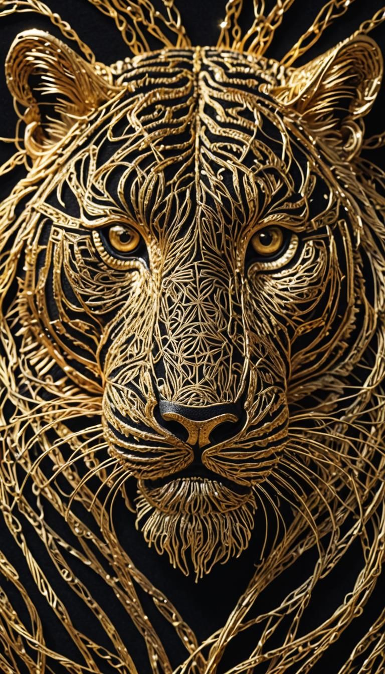 Gorgeous tiger string art. The string is brilliant gold and it has been created over luxurious black velvet