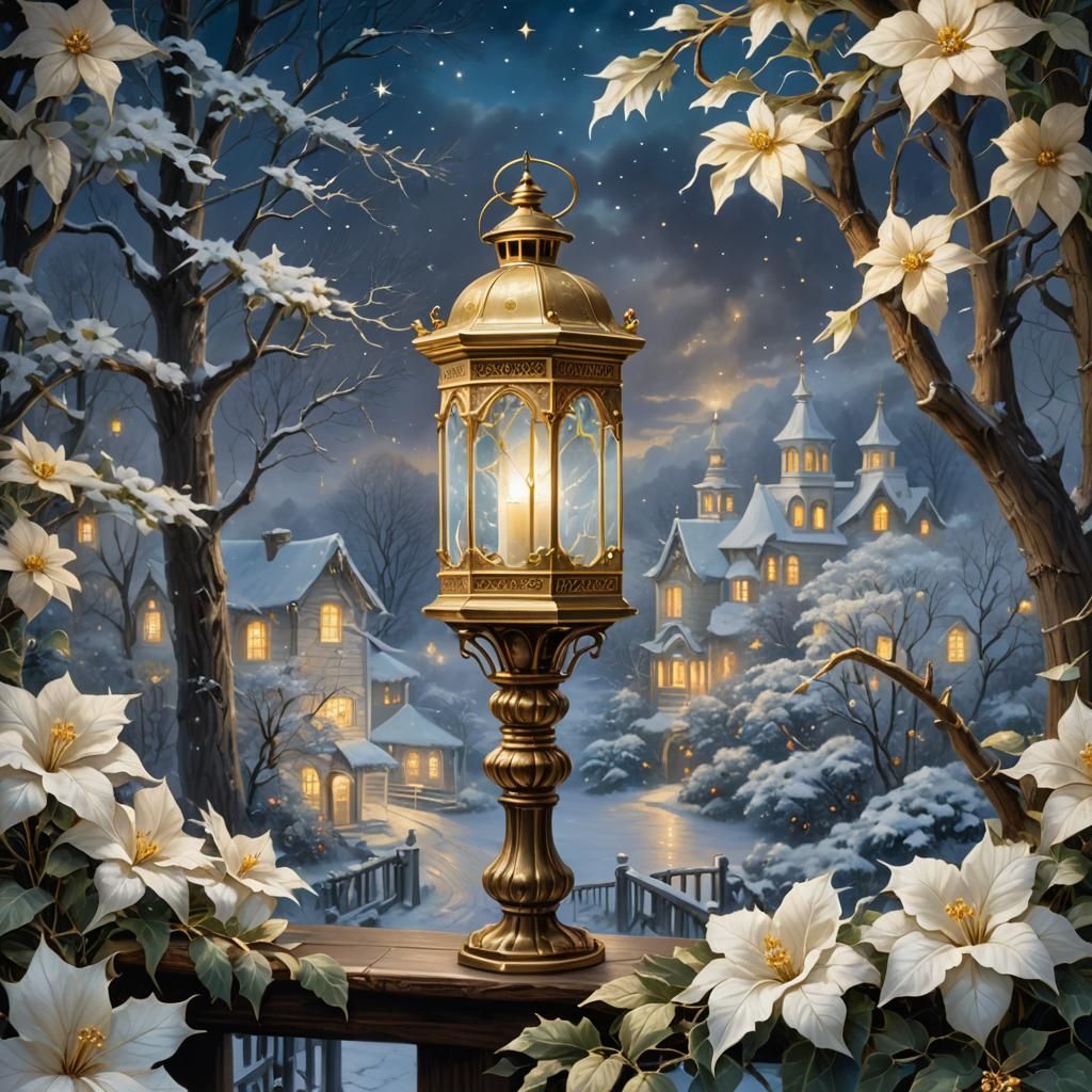 Winter Landscape with Gold Lantern in Hyperrealistic Style