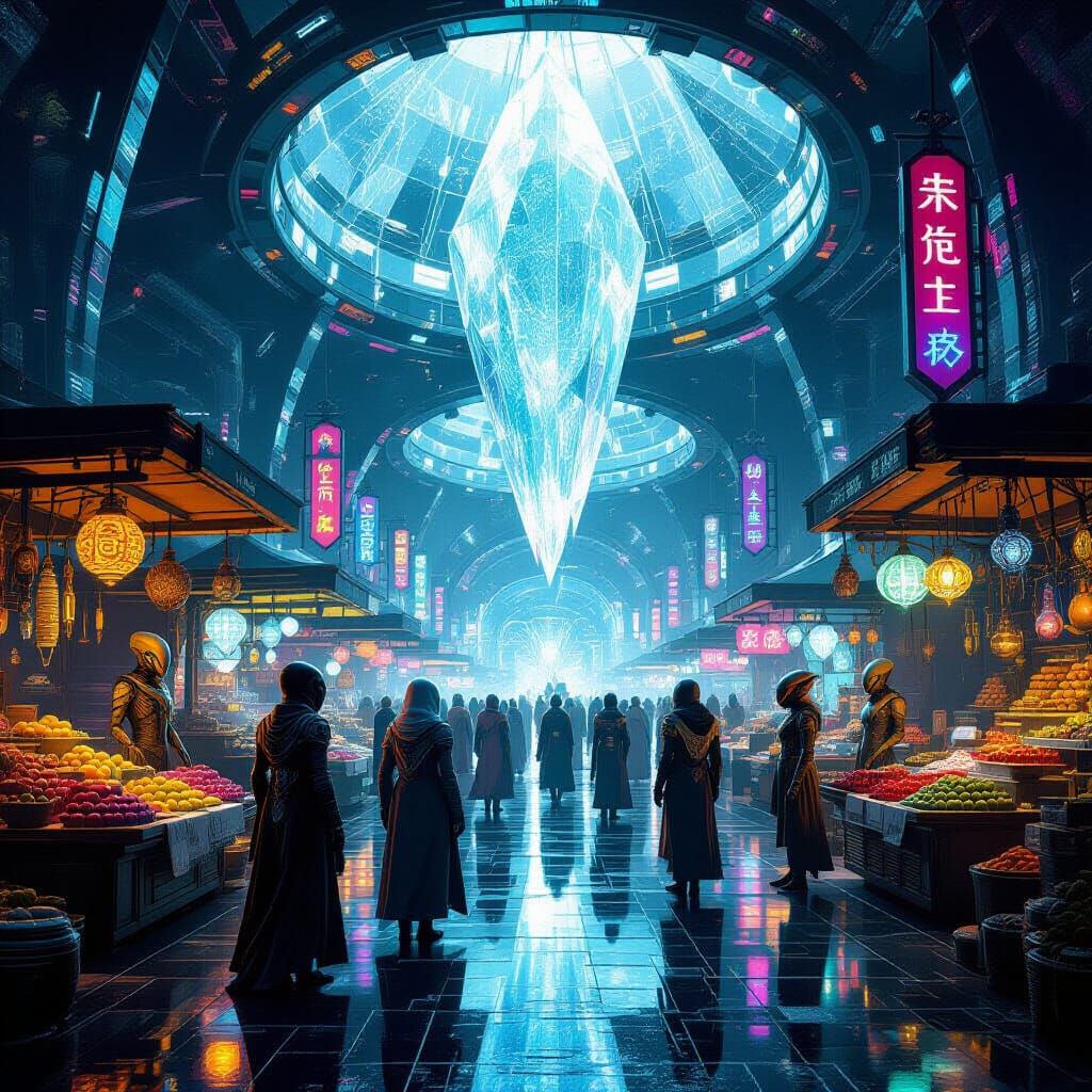 Vibrant Intergalactic Marketplace Under Crystal Dome