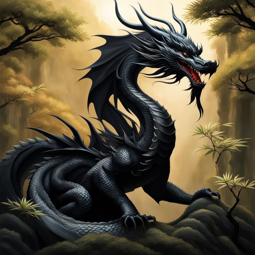 Anime Style Chinese Black Dragon Humanoid