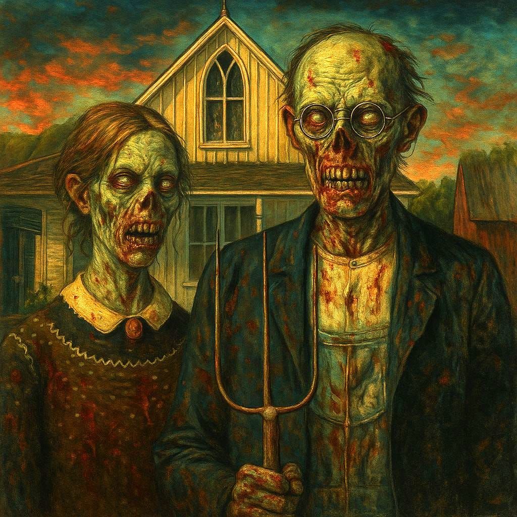 American Gothic Reimagined with Undead Zombies