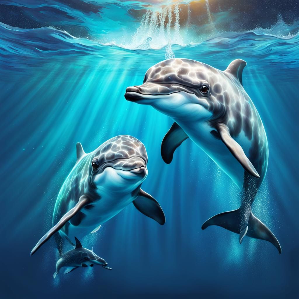 Hyperrealistic Baby Dolphin with Mom Underwater