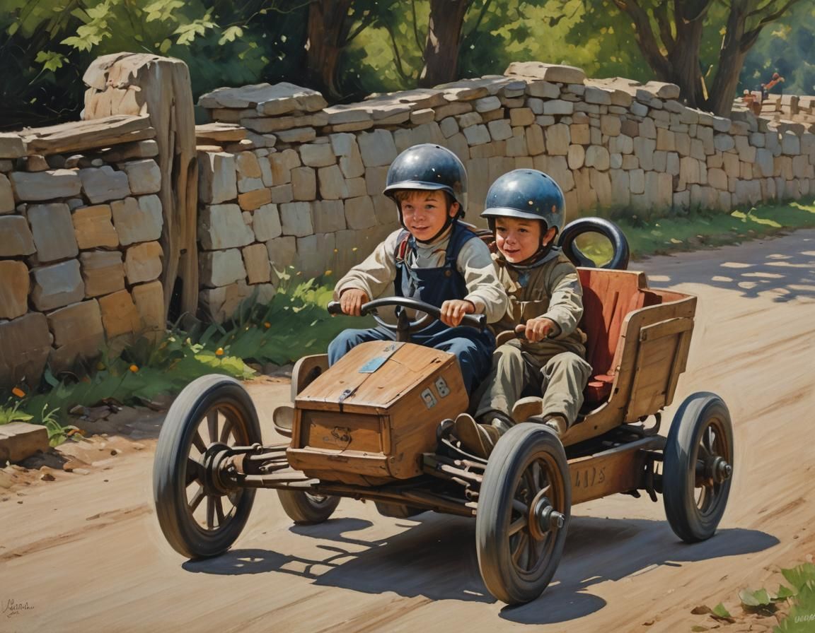 Children Driving a Kart as Oil Painting