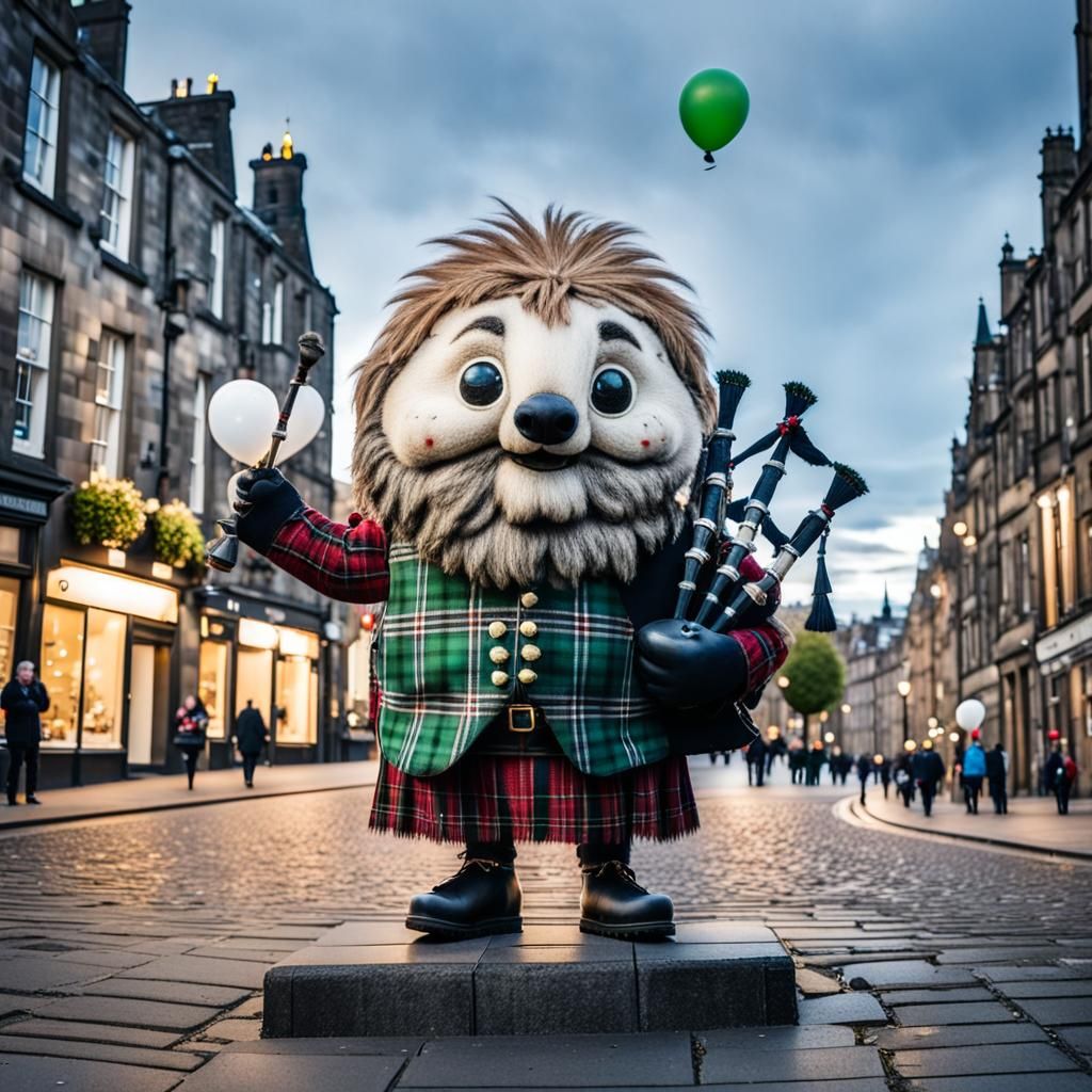 A man dressed in a "haggis" costume entertaining tourists in...
