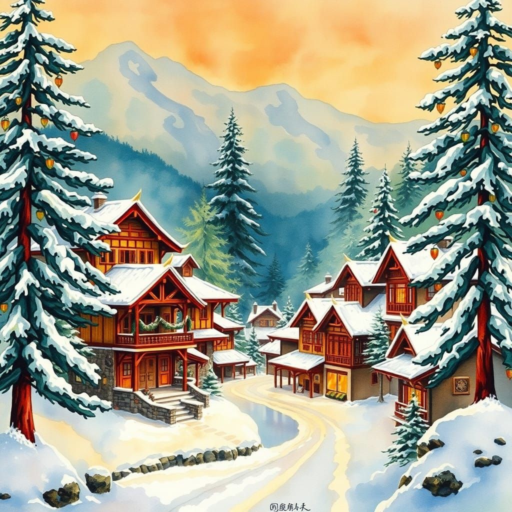 Vibrant Christmas Village Scene in Watercolors