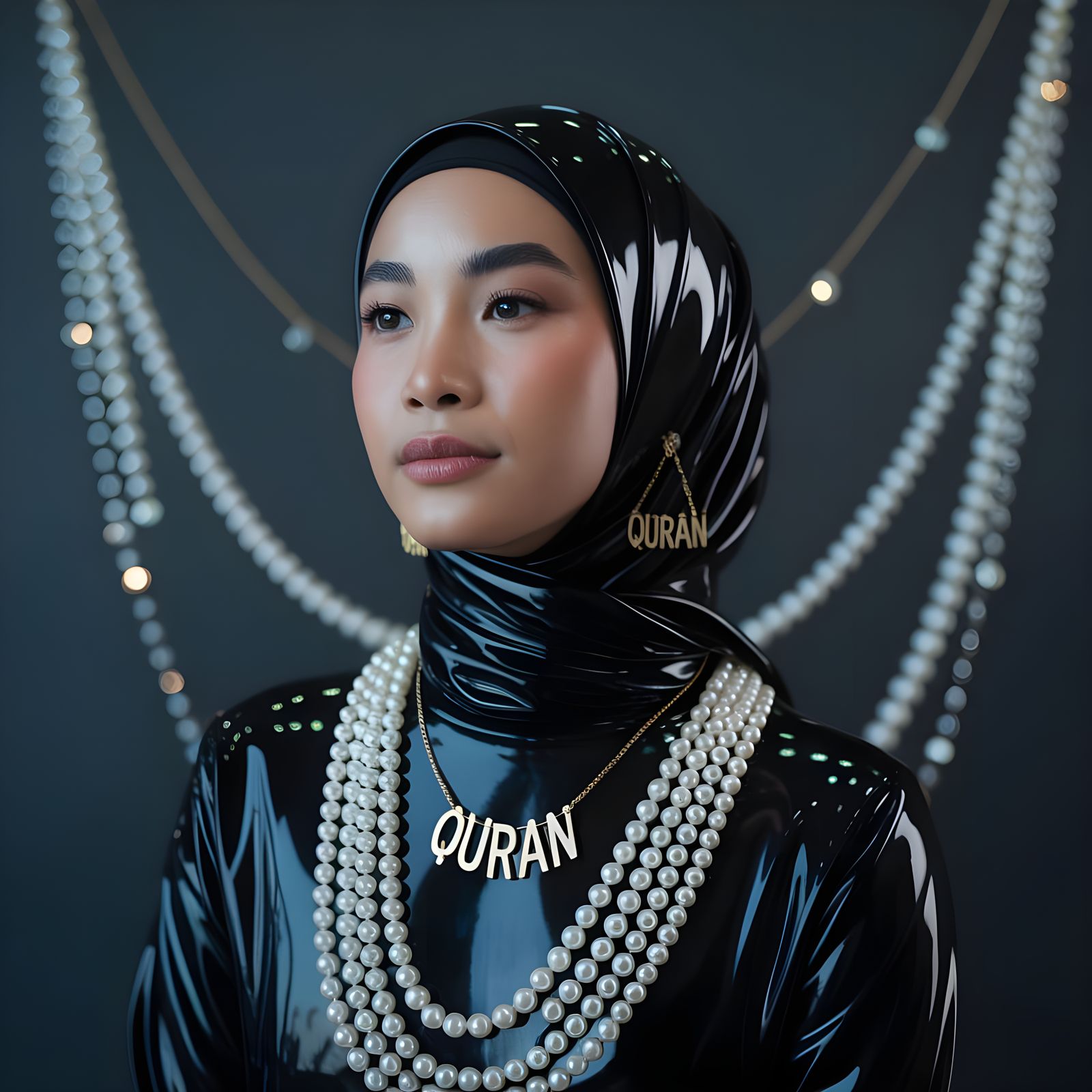 Elegant Asian Woman in Latex Hijab with Pearl Body Chain