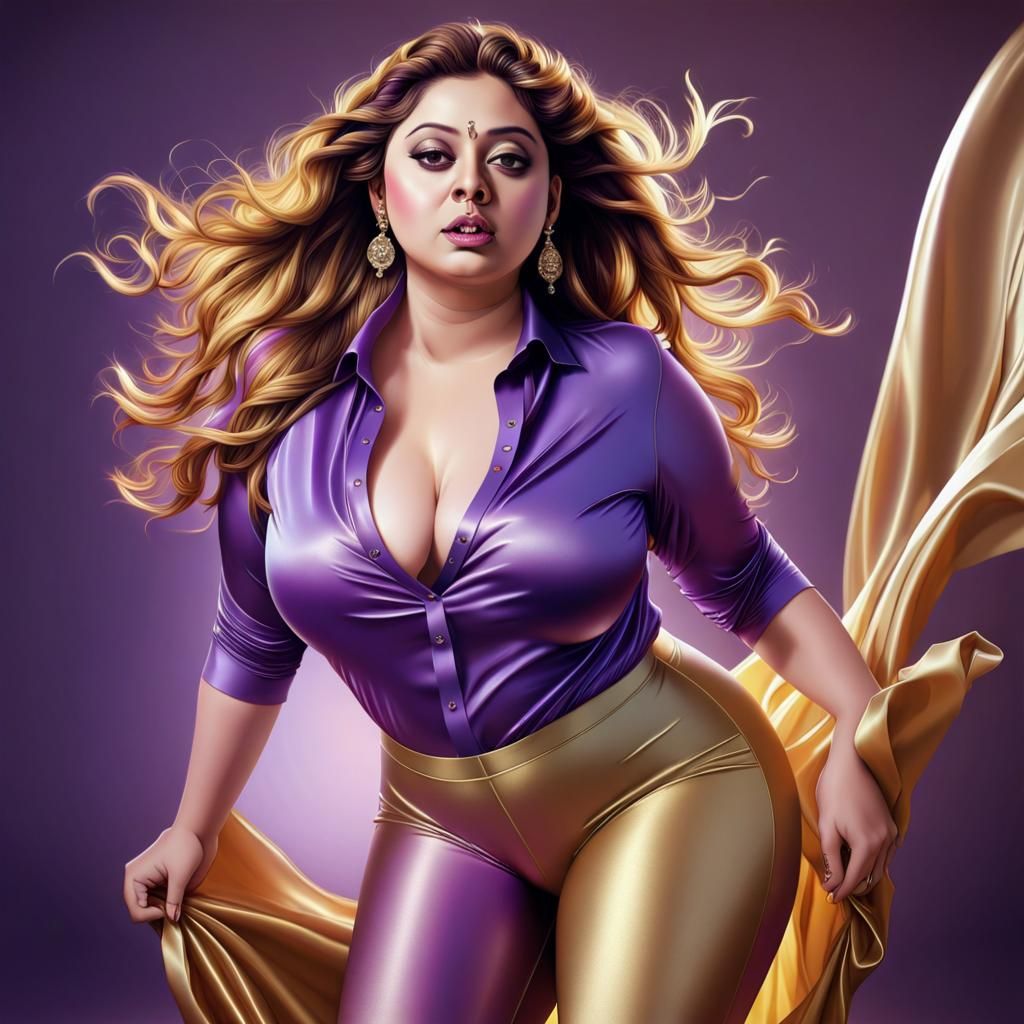 Plus Size Model in Shiny Leggings: Hyperrealistic Art
