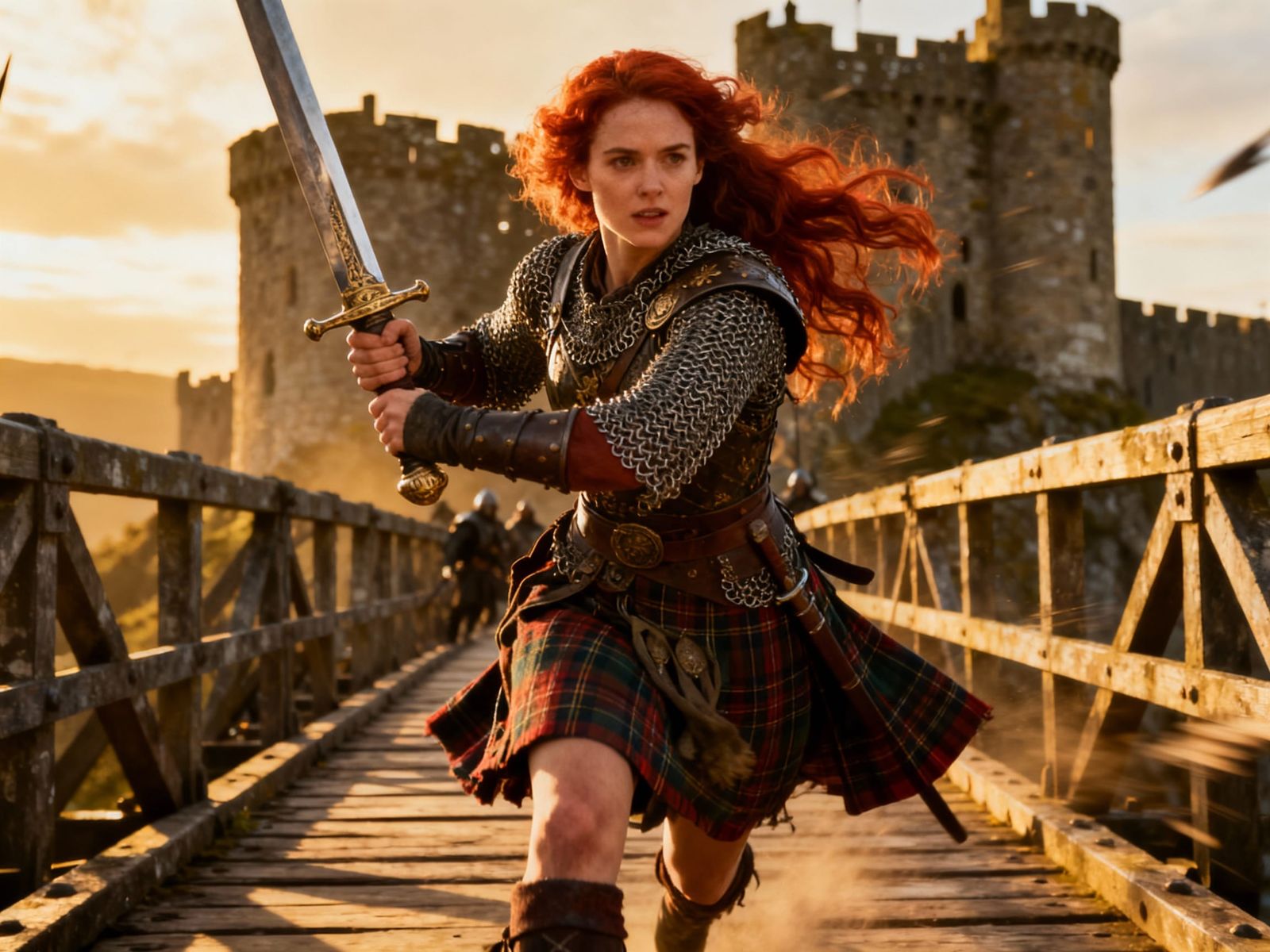 Highlander Warrior Charging with Claymore in Golden Hour Lig...