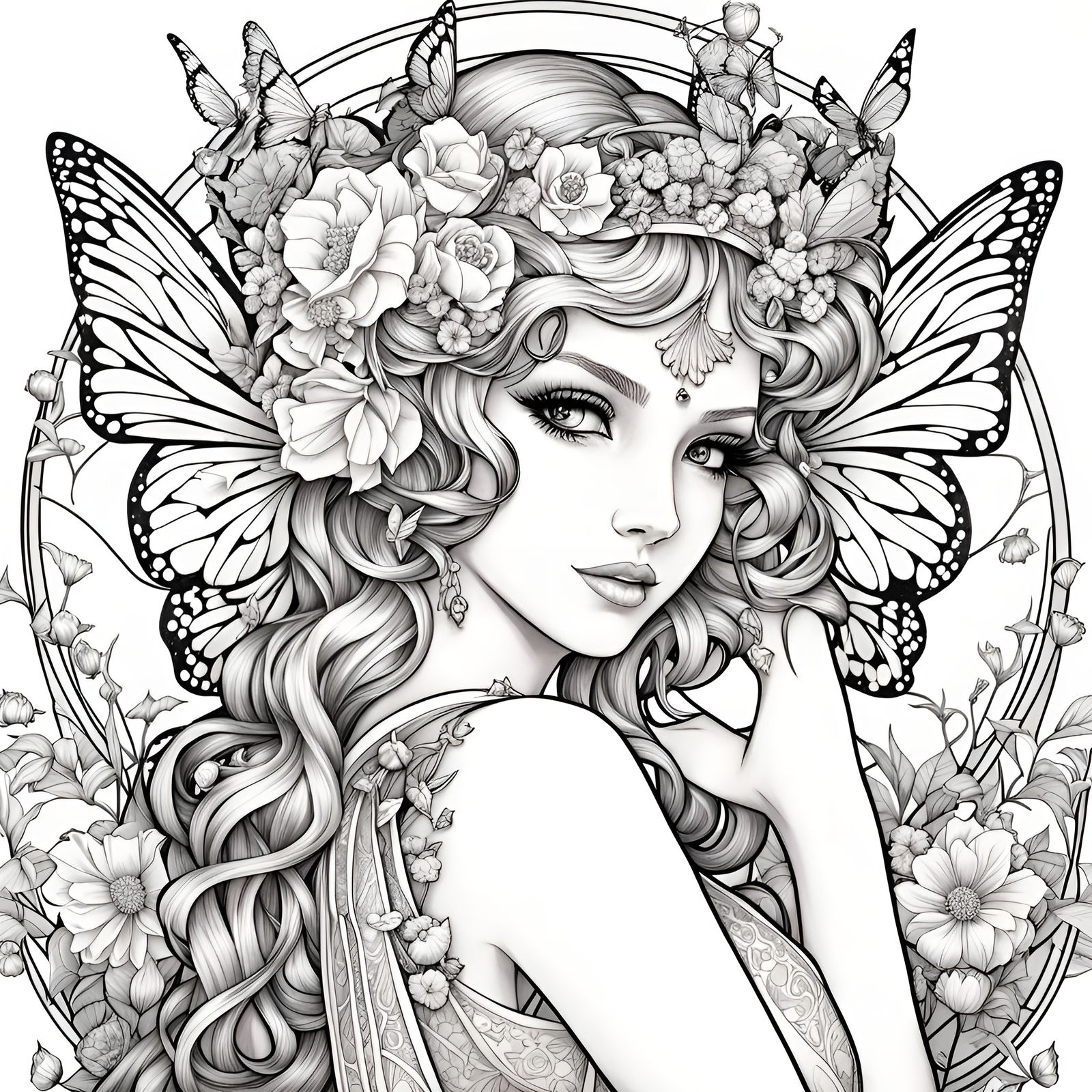 Fairy Princess Line Art in Coloring Book Style