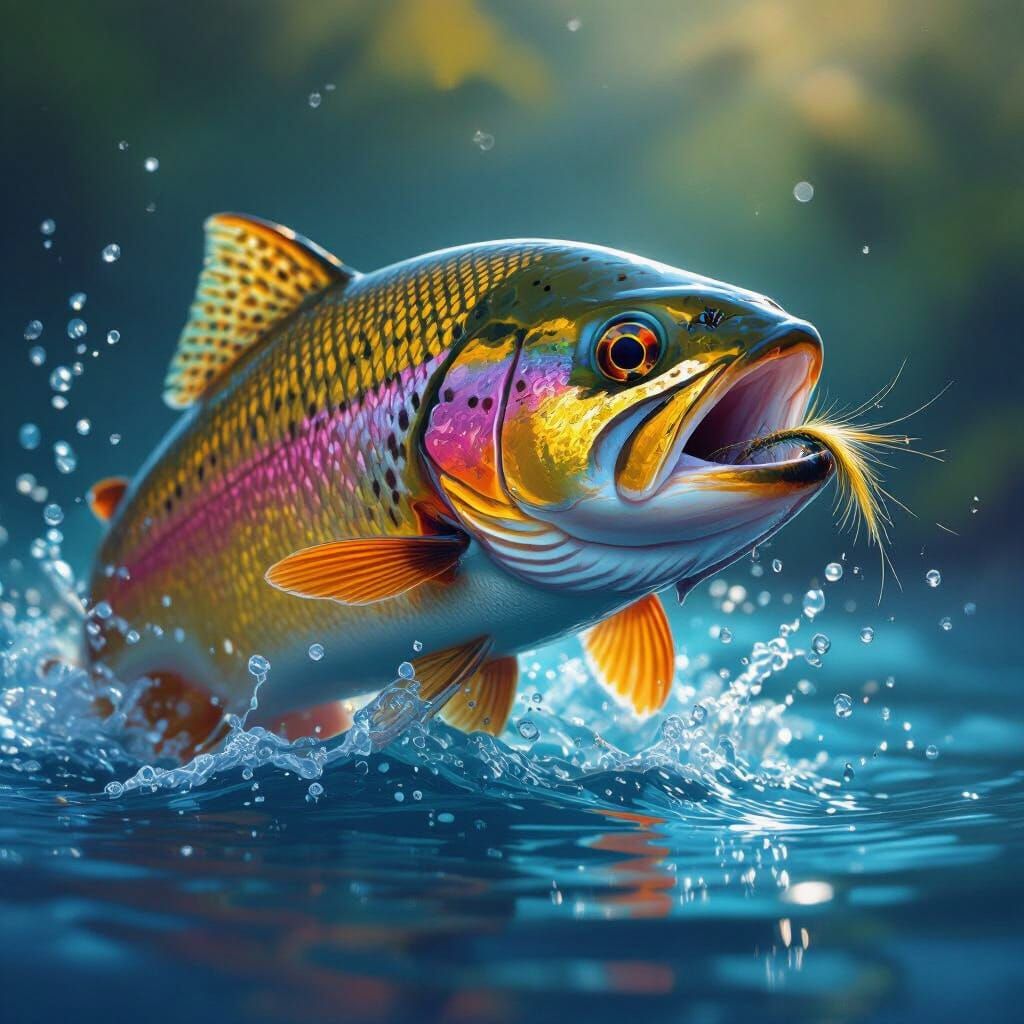 Golden Trout Consuming Fly in Splash Art Style