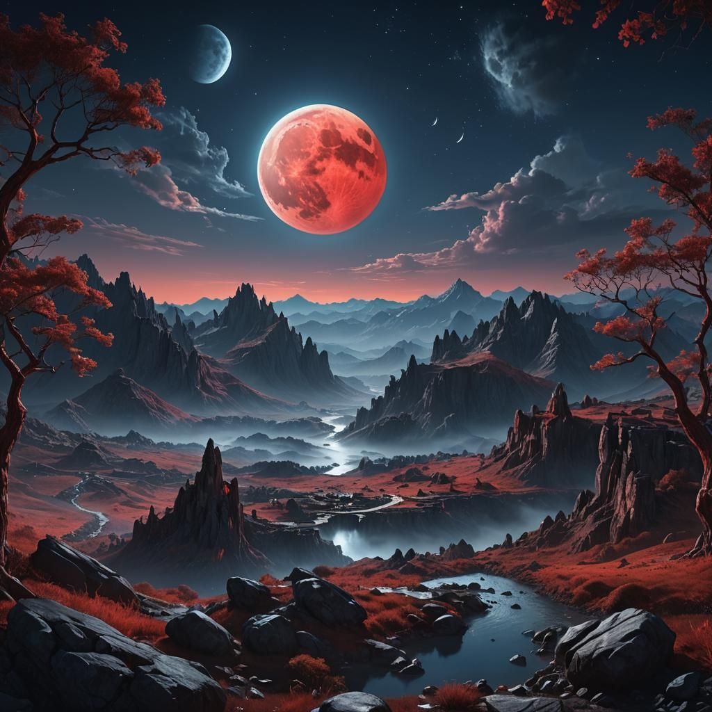 Majestic Night View with Red and Blue Moon