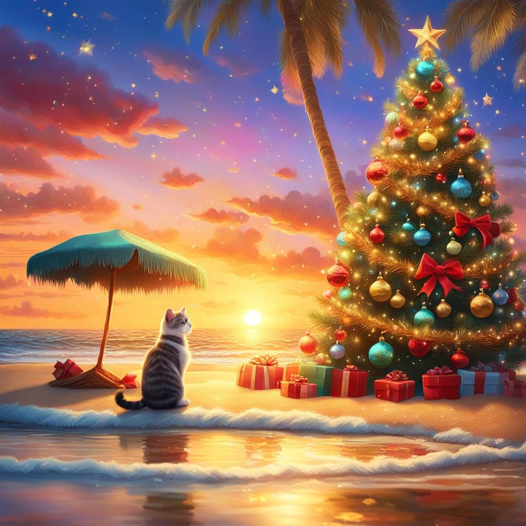 Vibrant Christmas Beach Scene in Epic Oil Painting Style