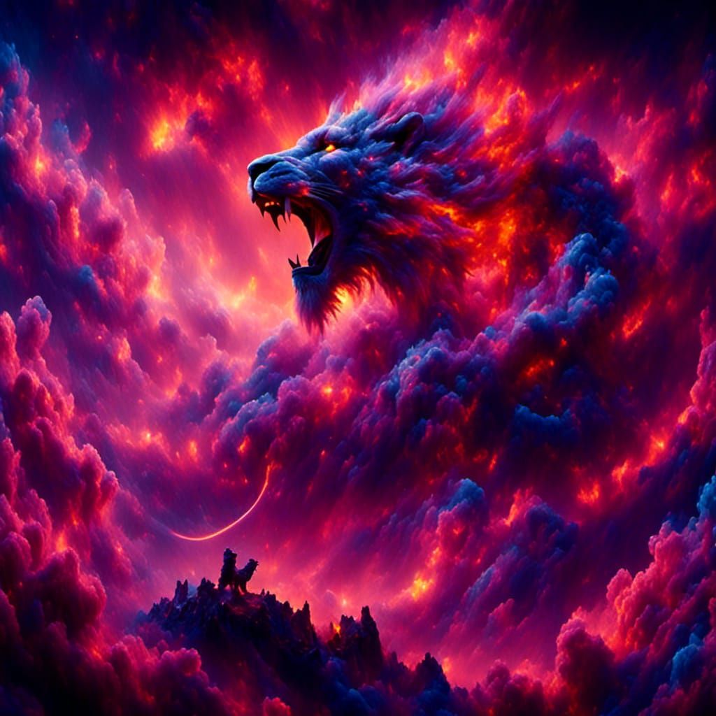 Cosmic Battle: Dragons and Lion in Digital Art