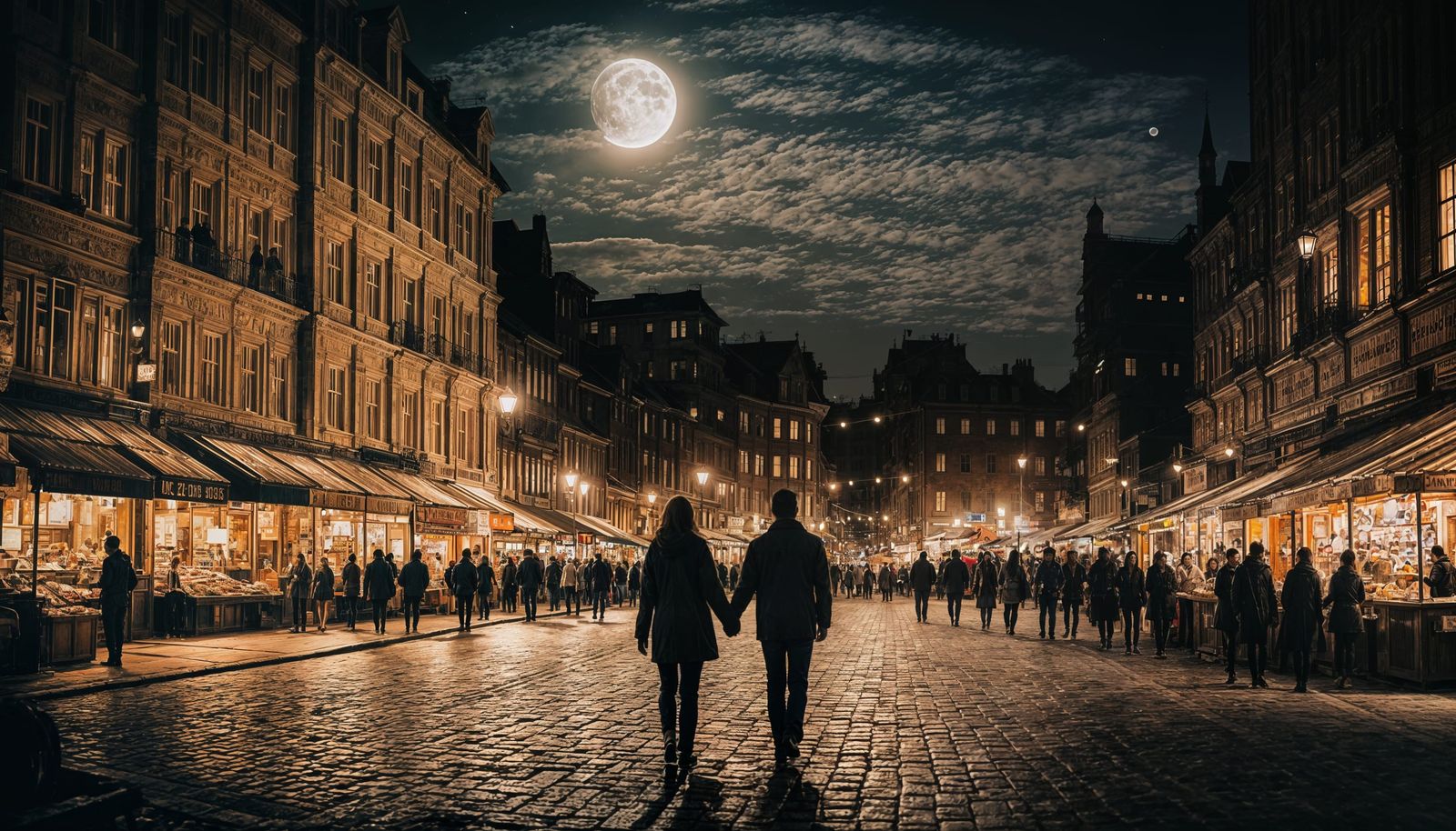 Evening Cityscape with Full Moon and Market Scene