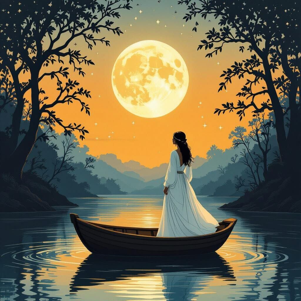 Woman in Boat Under Moon in Romantic Style