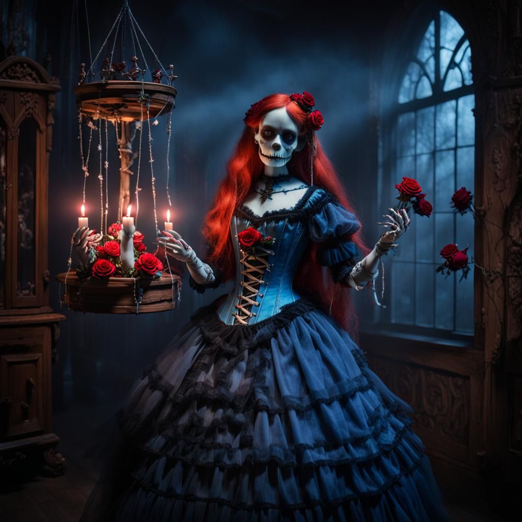 Eerie Gothic Marionette Woman in Ethereal Scene