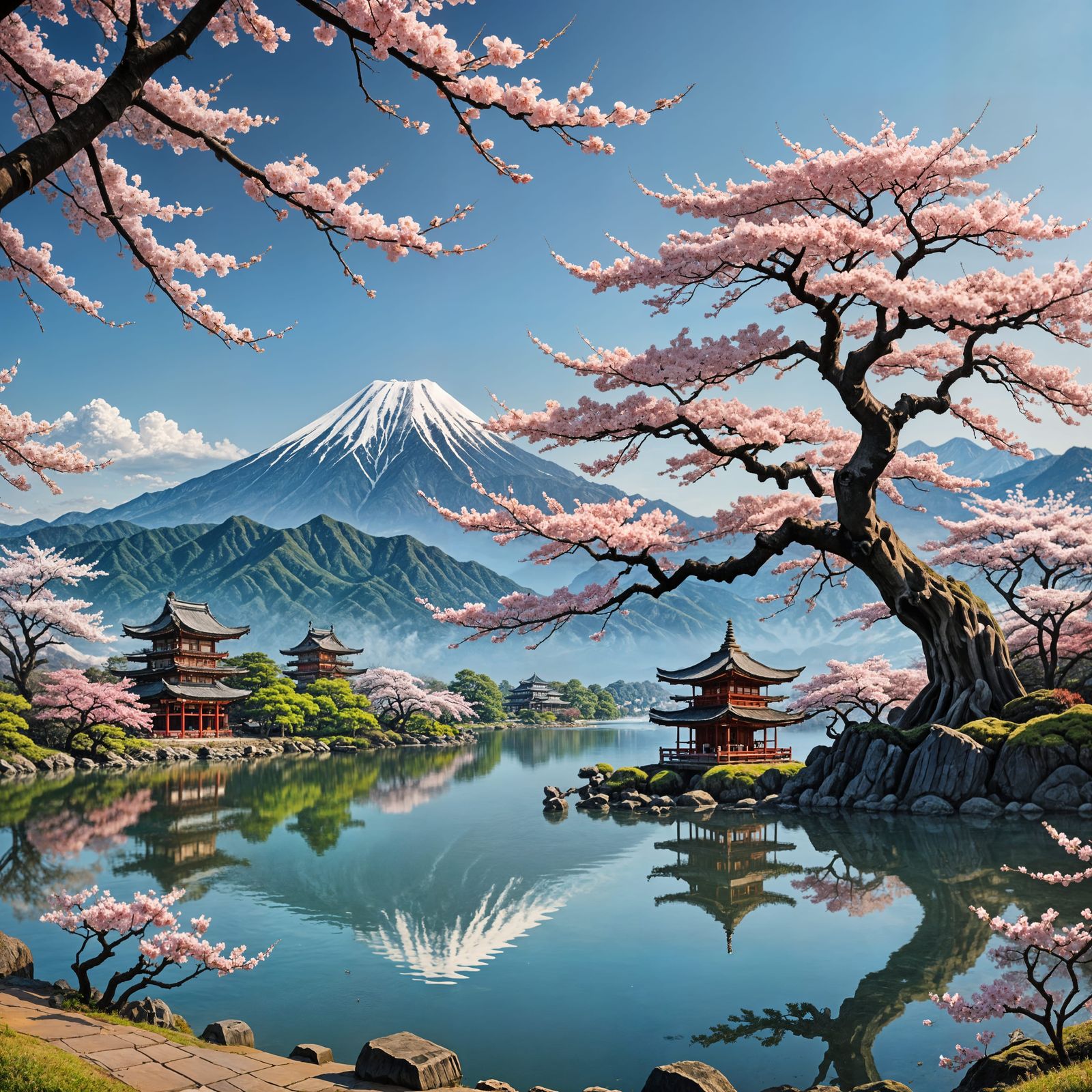 Ancient Sakura Tree in Japanese Landscape