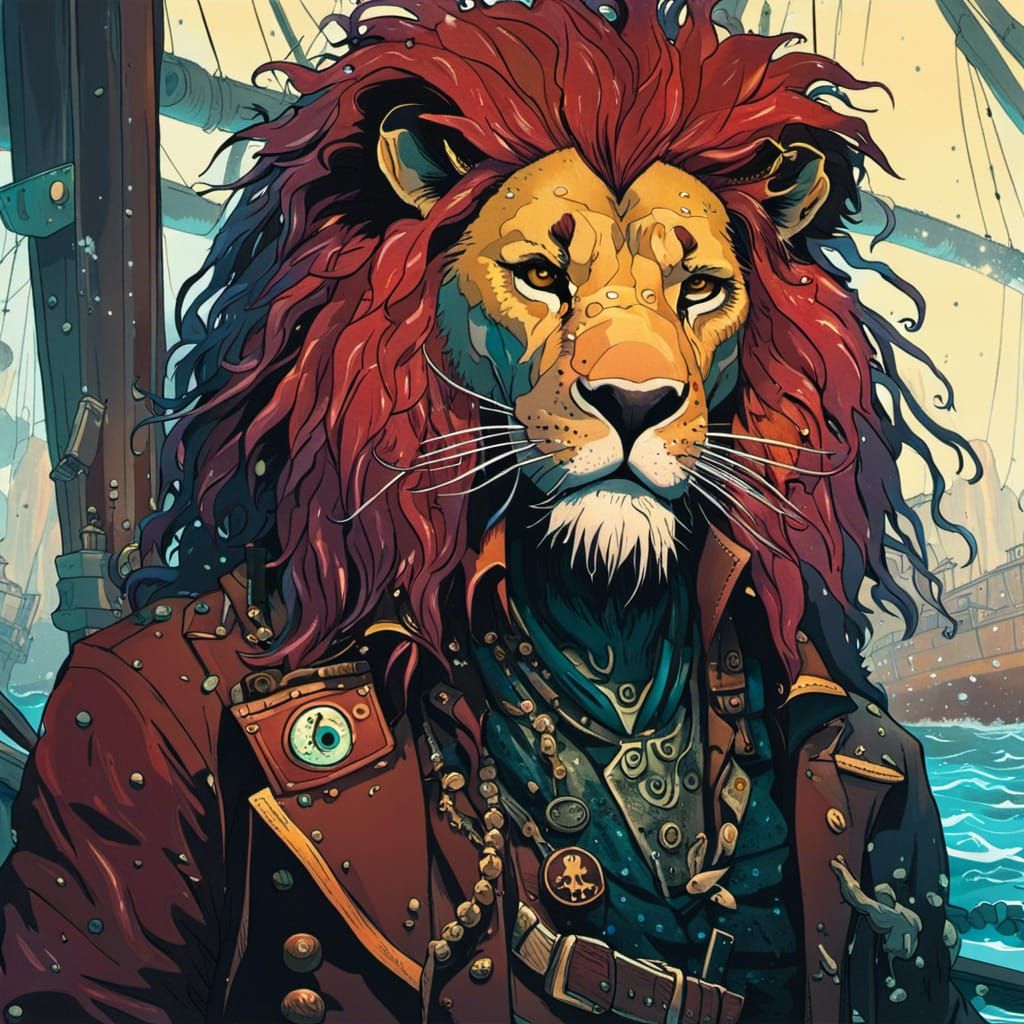 Cyberpunk Lion Pirate Portrait in Ship Interior