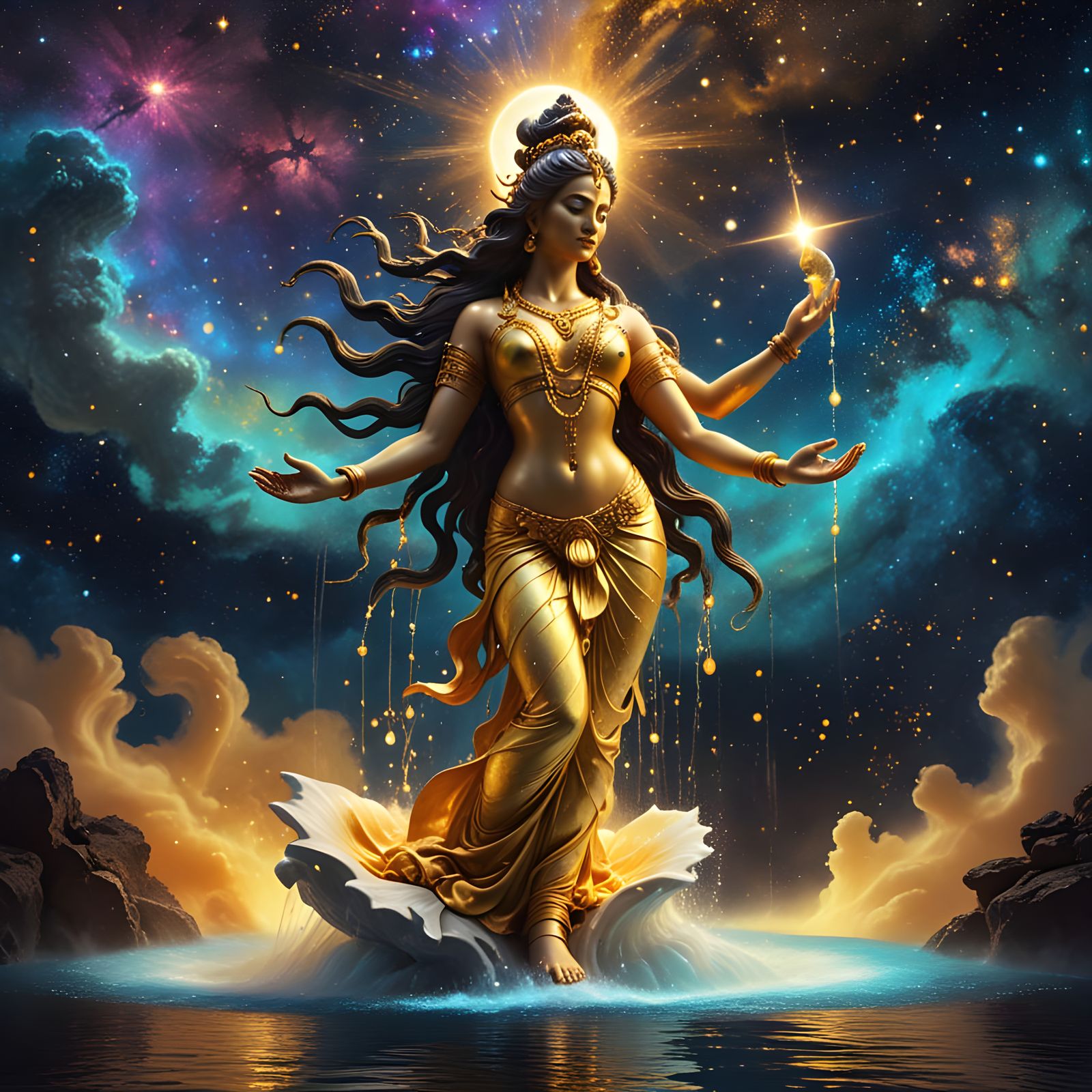 Shiva, suspended amidst a swirling nebula of cosmic dust and starlight