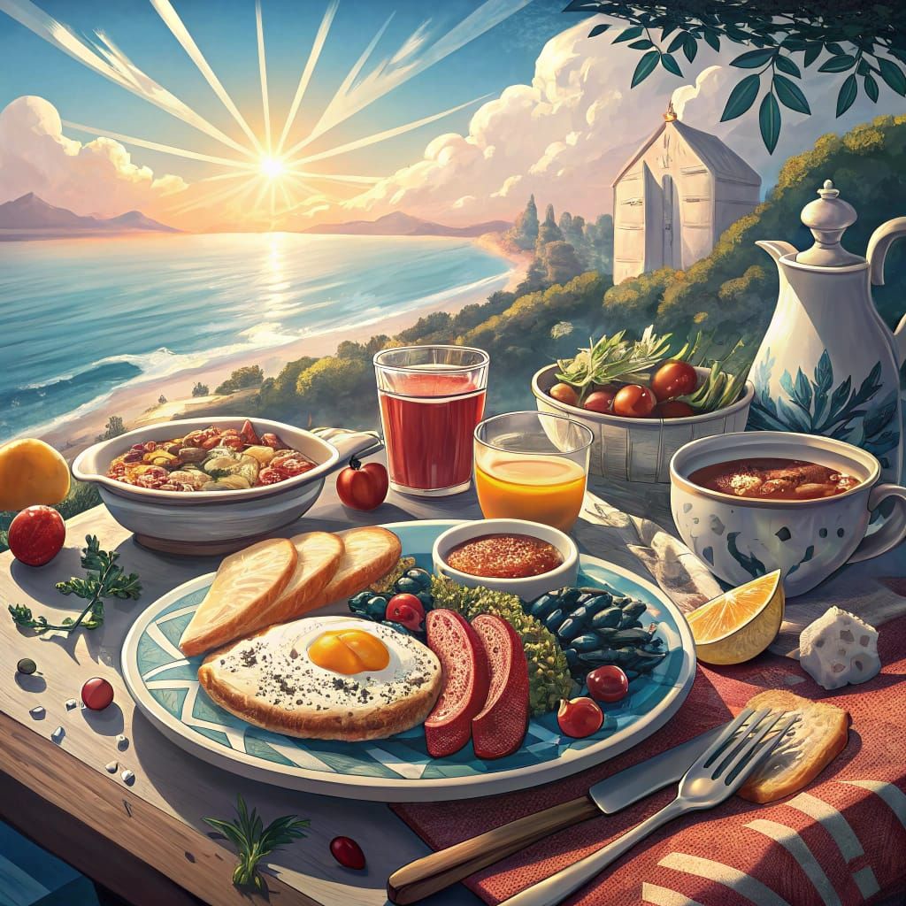 Whimsical Greek Morning Scene in Vibrant 8k Resolution