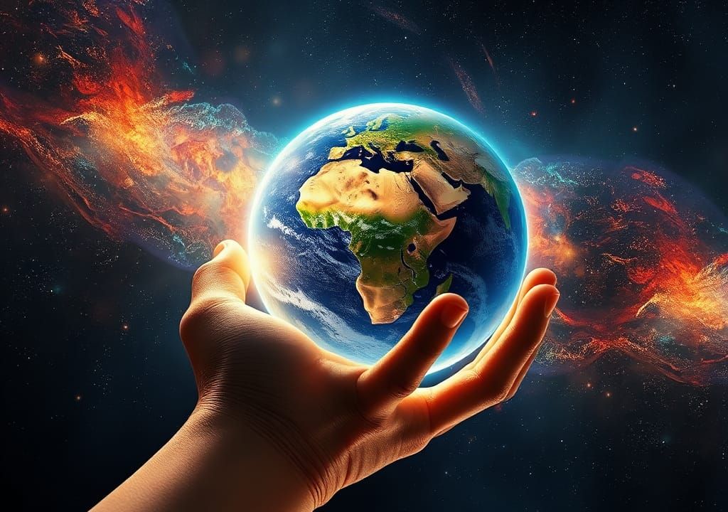 Giant Hand Holding Earth: Hyperrealistic Concept Art