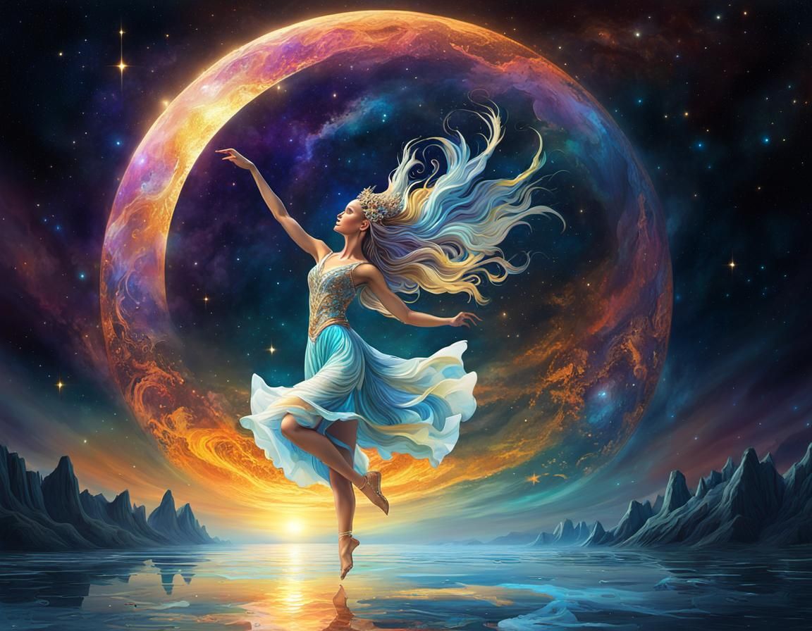 Cosmic Dancer in Moonlit Waters: Watercolor Illustration
