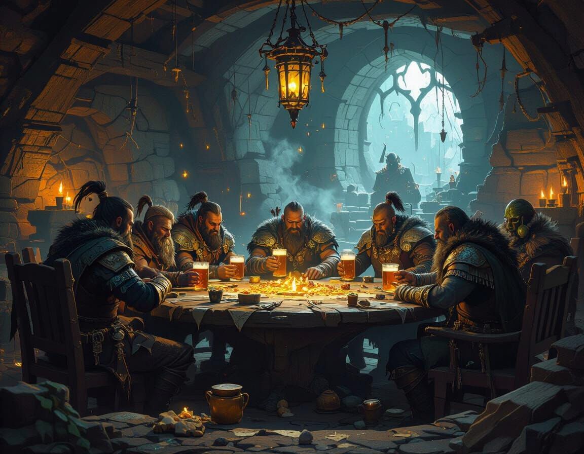 Fantasy Mercenaries Gambling Dragon Treasure, Detailed Conce...