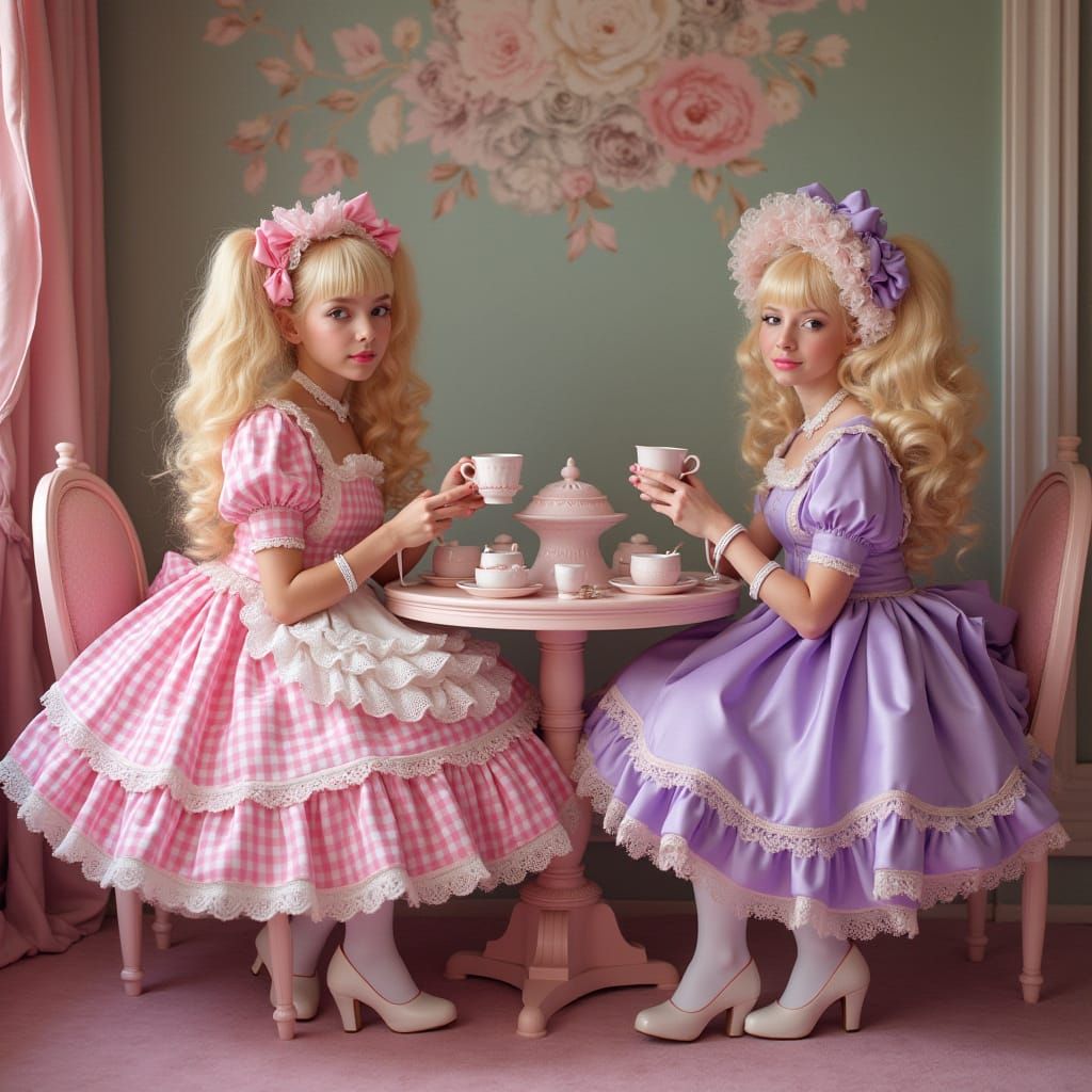 Whimsical French Maids in a Pastel Pink Tea Party Scene