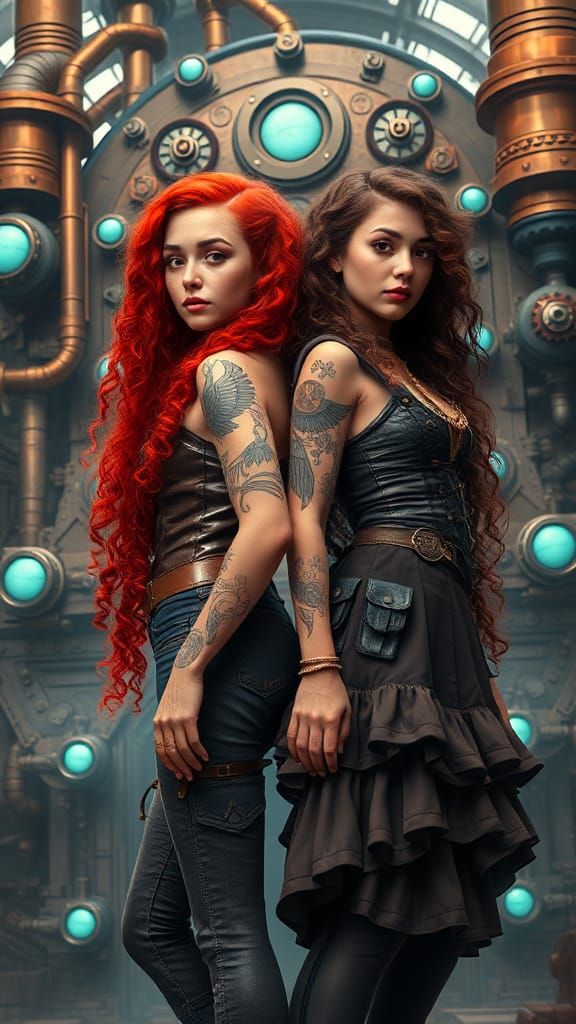 Steampunk Girls with Intricate Tattoos and Sci-Fi Engine