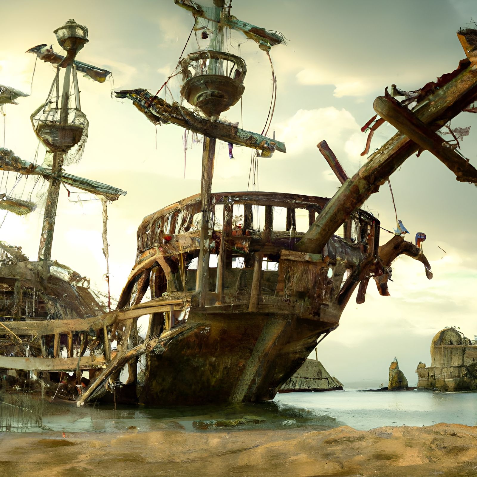 Detailed Shipwreck on Golden Beach: Cinematic Concept Art