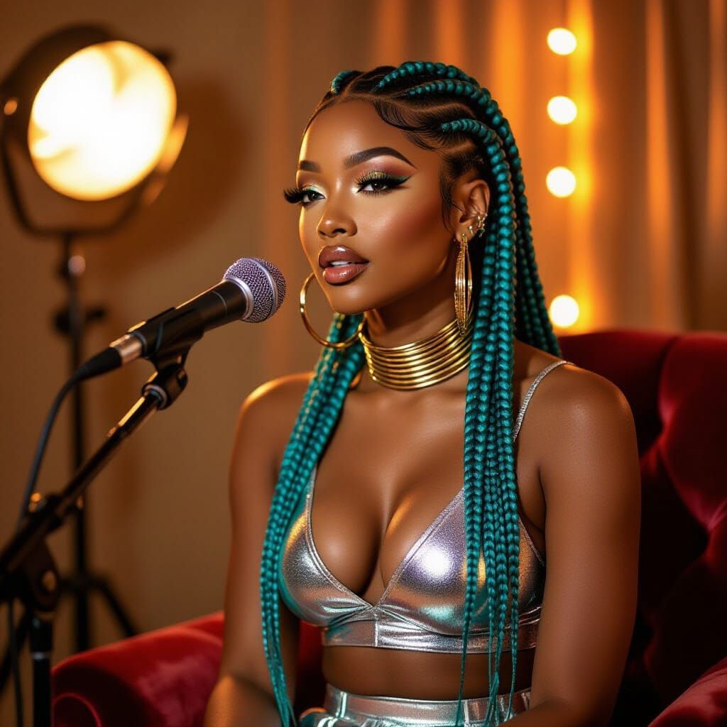 R&B Artist with Silver Teal Braids at Amber Lit Mic