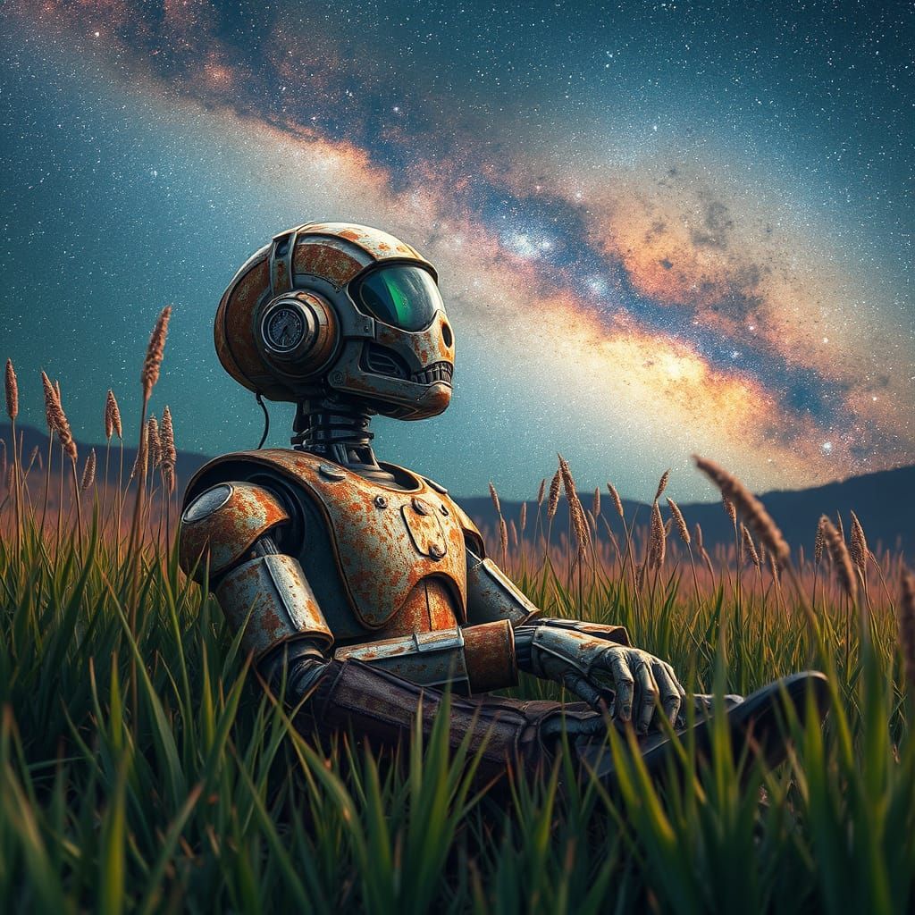 Robot Gazing at Milky Way in Astral Art