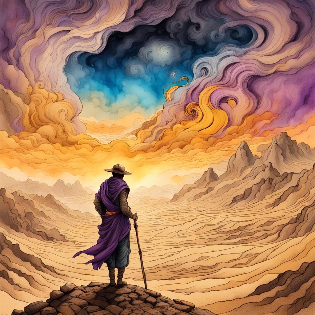 Ancient Traveler Watches Sandstorm: Ink and Watercolor Illus...