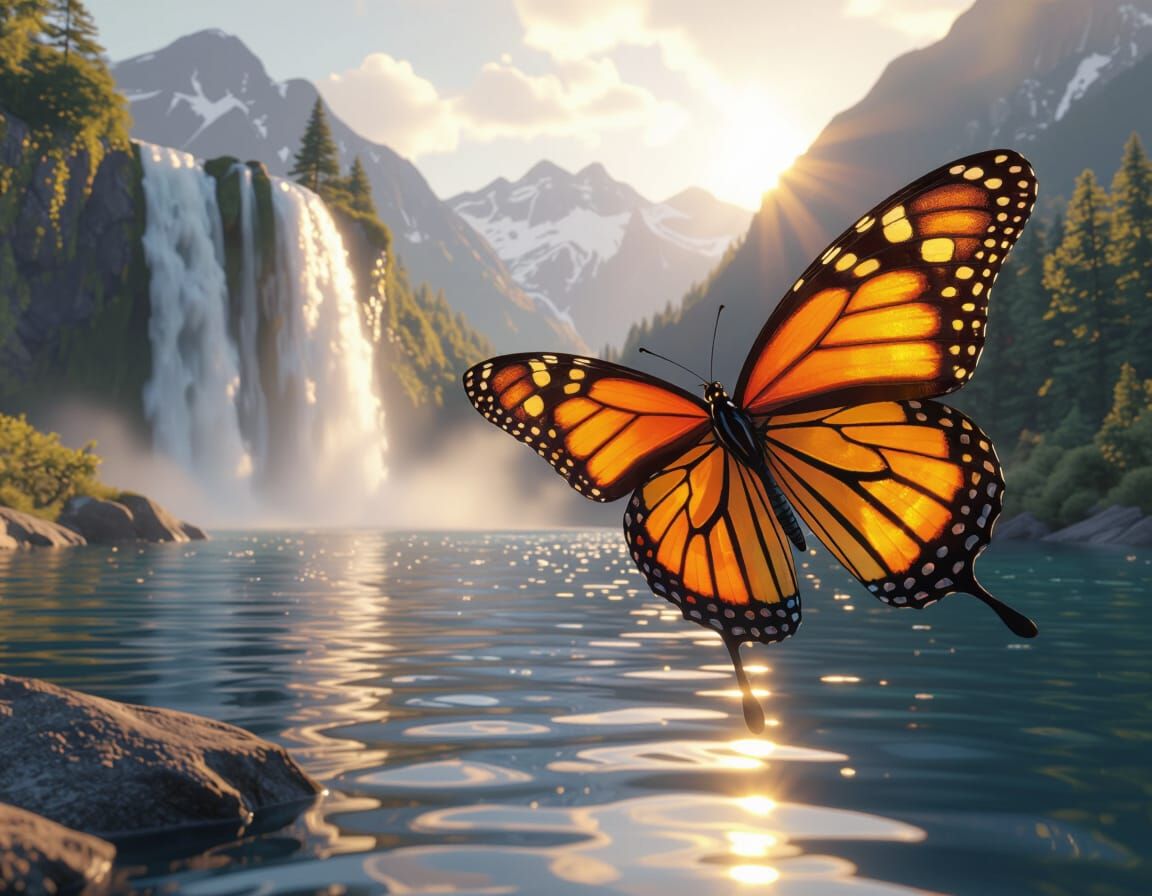 Butterfly Over Waterfall into Mountain Lake