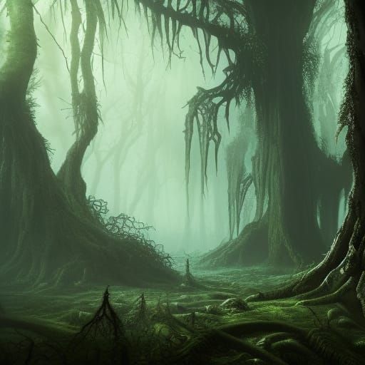 Dark Lovecraftian Forest Nightmare: Gothic Digital Painting