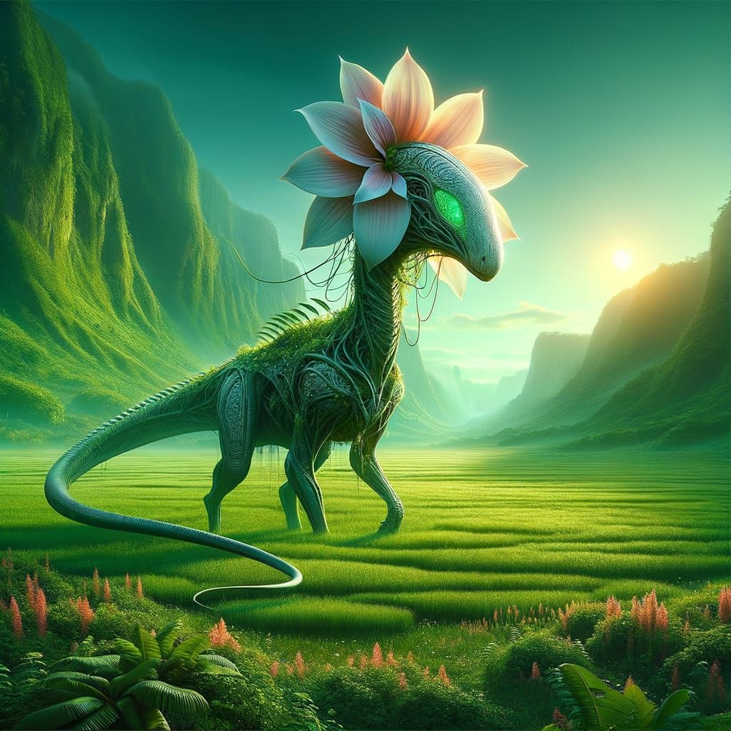 Surreal Sci-Fi Dinosaur Landscape in a Vibrant, Verdant Worl...