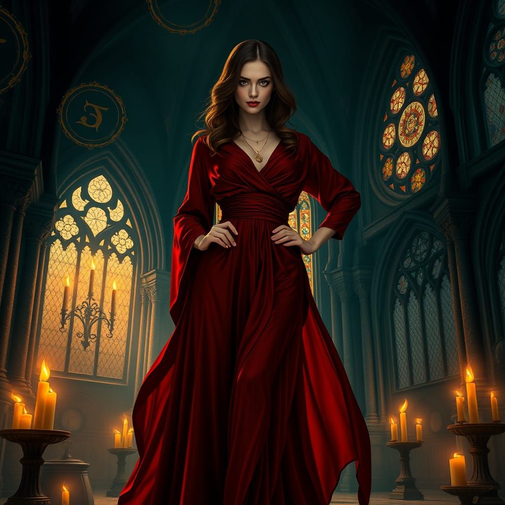Mysterious Woman in Crimson Robes Conjured in Dimly Lit Goth...