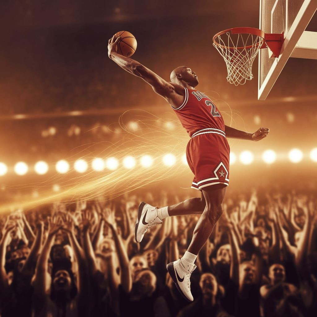 Michael Jordan Dunking in Vibrant Warm Light