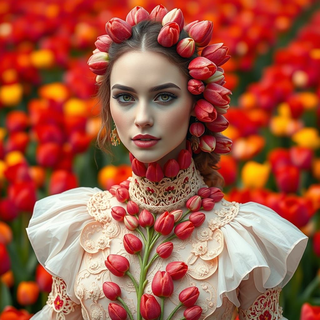Hyperrealistic Tulip Queen in Vibrant Floral Fields