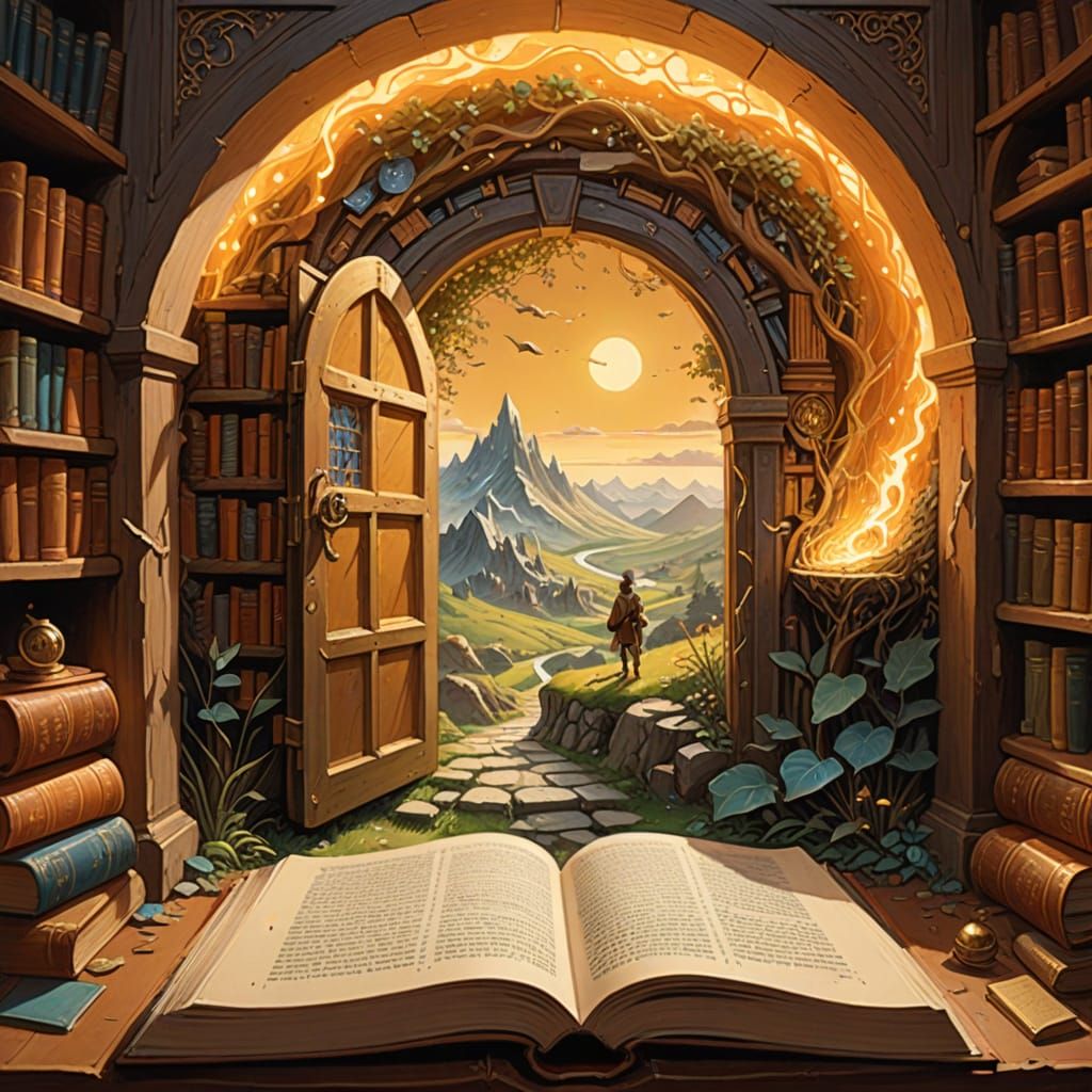 Whimsical Fantasy Scene with Golden Light and Vintage Books