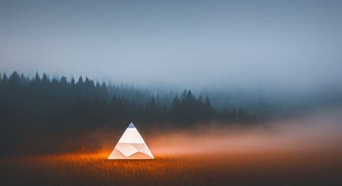 Mystical Floating Crystal in Foggy Landscape
