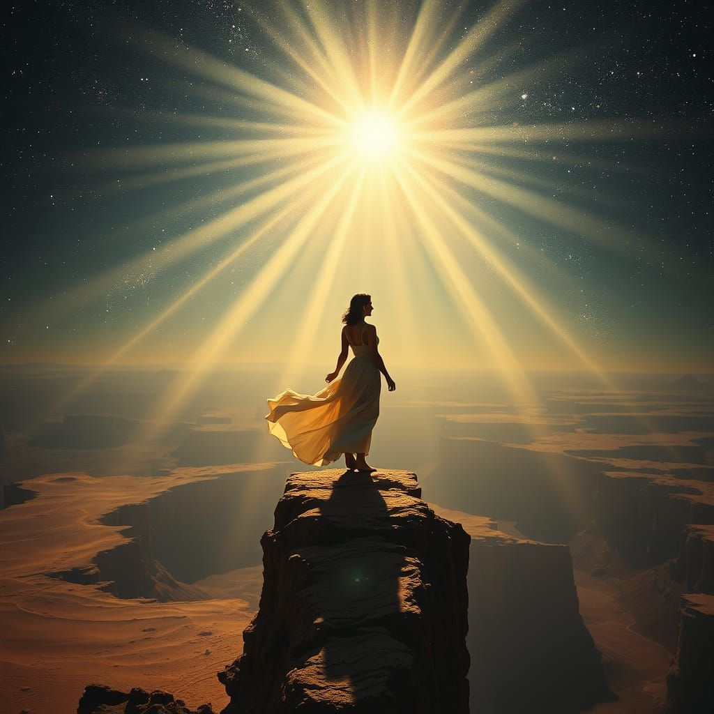 Woman on Desert Cliff Under Starlight in Baroque Style