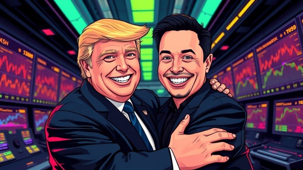 Donald Trump and Elon Musk Embrace in Retro Pop Art